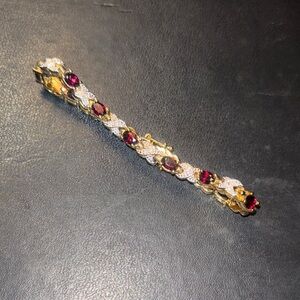 Vintage 925 gold vermeil sterling silver ox tennis bracelet with garnet/diamond